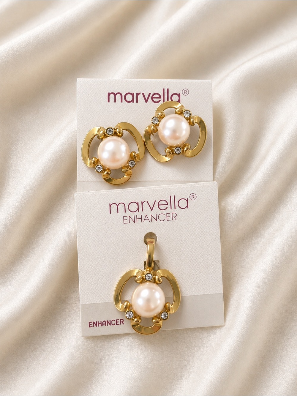 Vintage Marvella Faux Pearl Rhinestone Earrings & Enhancer Pendant Set Gold Tone